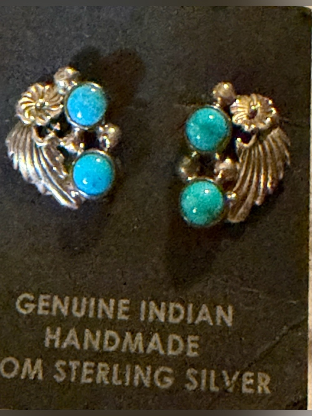 .925 Native American Sterling Silver Floral Wing Earrings with 2 Turquoise Stone